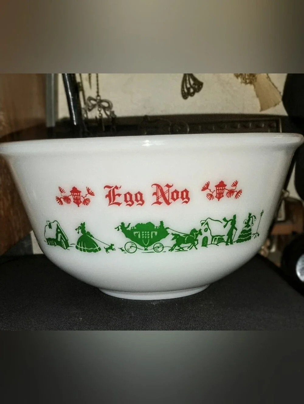 Vintage Hazel-Atlas Milk Glass Egg Nog Set & Punch Bowl 6 Mugs Christmas Village